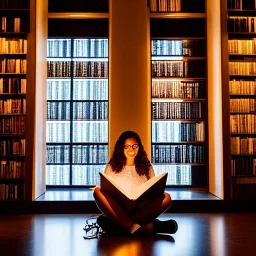 girl sitting in a library, hot girl, hd, bright light, glossom, 8k, poster, mystery, power, money