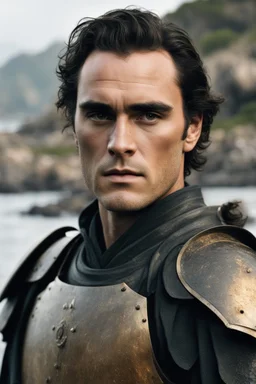 A portrait of Joaquin Phoenix in his early 30s, beachy haircut, black hair, on a rocky island, in burnished medieval samurai armor, melancholic and dangerous facial expression, half-smiling