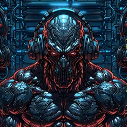 Monster, muscular, front face, mask face, headphones, gym, cyberpunk