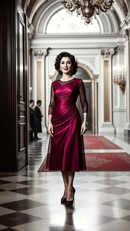 Elizabeth Taylor standing in a royal hall with very beautiful dress and high heels