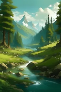 a realistic magic forest with a river and mountains, the hobbit is walking along the river.