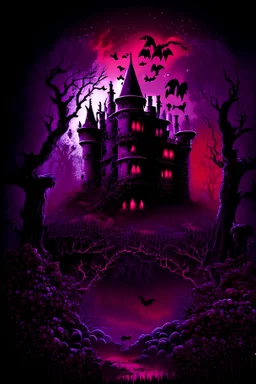 dark horror castle with red, purple garden
