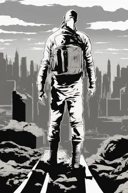 man, standing, silhouette, comic book,post-apocalypse, white background,
