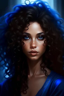 Porträt im Fantasystil einer jungen Frau mit wilden, dunklen Locken, brauner Haut und strahlenden, dunkelblauen Augen