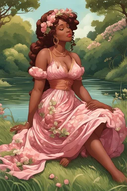 An art nouveau painting art illustration of a curvy black cartoon woman sitting relaxed on a sunny riverbank, lush green grass surrounding her. Facing left in profile, she has flowing chestnut hair styled in an elaborate braided twist. complementing the pink floral maxi dress wrapped snugly around her exaggerated curves. One hand touches her cheek lightly as she looks to the distance, brown eyes enhanced by long lashes and purple eyeshadow. Bold brown lips match the brown flowers on her dress