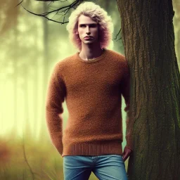 a full picture of a tall skinny man with blonde and frizzy hair wearing a woolen sweater standing outside in nature