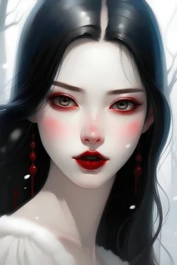 una niña con la piel tan blanca como la nieve, de labios carmesíes y cabello oscuro, con una dulzura en sus mejillas y ojos