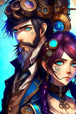 anime couple, steampunk , colorful, man with beard and woman with dark hair and blue eyes