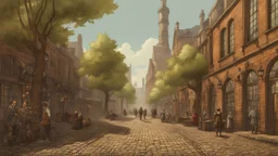 industrial steampunk street with cobbled pavement, people, trees