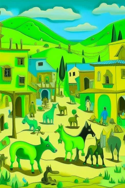 A lime green western town with animals painted by Pablo Picasso