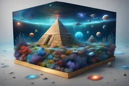 hyperrealistic, 4k, box for storing things with beautiful drawings a lot of colours, very detailed, subnautica, pyramid in the middle, sea plants, seal leviathan, few planets, space, galaxies,