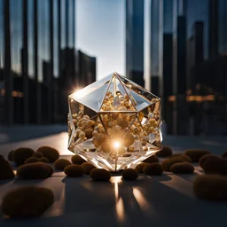 array of crystal dodecahedron and golden sphers, which reflects the modern city environment in modern city escape , transforms into array of crystal cubes.