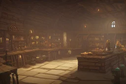 inside of a medieval shop, wooden walls, log pillars, stone bar with shop keeper behind it, magical ingredients on display and weapons on display. people, elves, goblins, orcs, dwarves and lizard folk in room. low lighting and creatures in containers. shelves half empty