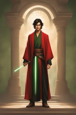 Full Body, Male Tan Human, Jedi Order, Red Blindfold, Green and Black Robes, Handsome face, Black hair.