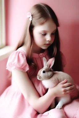 girl with a rabbit, in pink tones, referring to Alice in Wonderland, pale tones, behind the girl a carava also in pink, photography