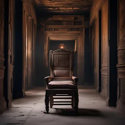 Hyper Realistic traditional ancient chair between a huge dark hallway of a historical Indian palace with peeling wall paints at night