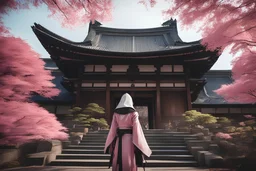 a japanese girl in assassin creed costume satnding in a temple surrounded with trees with pink leaves