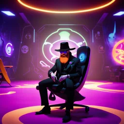 In a futuristic room, designed in a Pixar Disney style, a undertaker with a long beard is sitting on a chair. The floor has asu b tle shadow, adding depth to the image. The chair is placed at the center of the room, and the guy is dressed in stylish Easy rider fashion, including a cool hat. The entire picture exudes a creative and entertaining atmosphere, as Avatar