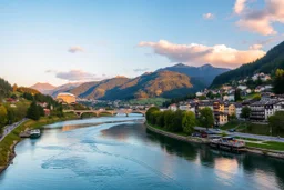 Create hypeCreate hyper-realistic photo of [Swiss] hills ,river, escape . Soft bright daylight, . DSLR quality, sharp focus.r-realistic photo of [Swiss] city scape. . Sunset golden hour . DSLR quality, sharp focus.