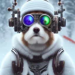 Portrait of cyborg dog child with brown hair and with cute face, north pole snowy vibe , perfect composition, hyperrealistic, super detailed, 8k, high quality, trending art, trending on artstation, sharp focus, studio photo, intricate details, highly detailed, by greg rutkowski