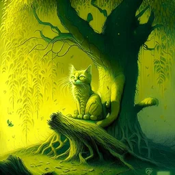 Drawing of a yellow cat sitting in front of a tree, the background is green, storybook illustration by Gediminas Pranckevicius, featured on deviantart, gothic art, magical fairy tale atmosphere, storybook illustration, dark and mysterious