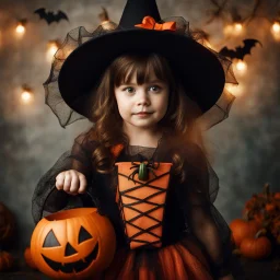 cute 3 year old girl with brown hair and expressive green eyes, dressed like witch, with an orange and black dress with spider web lace and a black witches hat, carrying an orange pumpkin basket, make the background a fun, but dark halloween setting