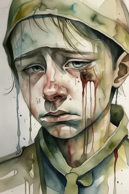 Watercolored crying soldier