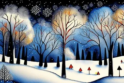 Winter trees elegant fantasy intricate art deco fantasy watercolor mystic Paul Klee Tim burton Yacek Yerka dee Nickerson snow winter cold season simple design