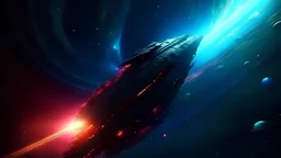 captivating scene. magical space theme. extreme depth and detail. futuristic curved thin generation spaceship. colorful nebula