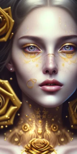 ultradetailed beautiful portrait painting of love Aphordite with short flowing golden hair and sharp piercing gaze of deep grey eyes, alluring beauty, smiley lip, wearing jewels, roses, ultra ornate, gold leaf deatils, wearing white dress, by conrad roset, greg rutkowski and artgerm, trending on artstation