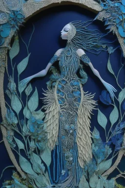 Artwork entitled "Two Moon Pond Goddess " depicts a partially skeletonized Pond Goddess wearing a gown made from detailed quilling consisting of feathers, foliage, fish scales, flowers, and gemstones appearing inside an archway of quilling growing around her and one of the moons; quilling