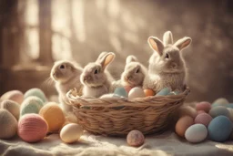 photorealistic image, browned, faded, last century style photograph with knitted and embroidered bunnies, painted Easter eggs in basket, flowers, in sunlight, edges of image appear burnt, ethereal, cinematic postprocessing, bokeh, dof