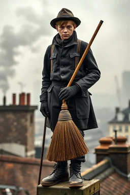 Gaunt soot covered teenage Victorian Chimney sweep holding a long wire brush chimney scrubber standing on roof in industrial London with smoke and smog in distance, ashes smudged on face, photorealistic,