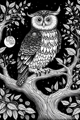A cute owl nestled in the hollow of an ancient tree, surrounded by a starlit night sky, twinkling fireflies, and the hoots of distant companions with a pencil sketch in black and white for coloring book with floral backgorund