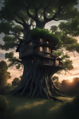 An ominous dark tree house, with dark windows. tree full of green leaves. show the whole roof of the tree house. place the house near the top of the tree with a long rope ladder to the ground. the time of day is sunset. in someone's back yard. the tree is large. show sky underneath the leaves and treehouse, around the trunk. make the house only one story tall.