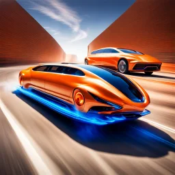 award winning car and driver photograph of a futuristic station wagon dirigibl+ hybrid designed by only one vehicle per image painted metallic orange traveling at a high rate of speed, jet intake off of front center of vehicle and jet exhaust out the rear with bright blue flame, bilaterally symetrical, more a high speed road vehicle