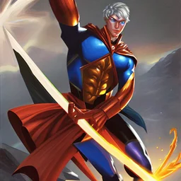 A superhero man with infinite power and technology from the galactic race, with a double-edged sword of fire and ice.