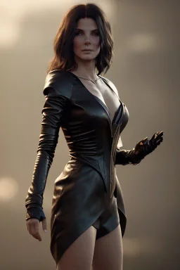 Young Sandra Bullock as evil queen in black leather gown, angry, busty, curvey, cleavage, unreal 5, octane render,cinema4d, dynamic lighting, dramatic lighting, 4k, redshift render, highly detailed, hyper realistic