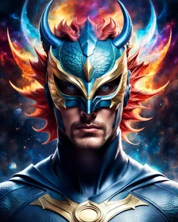 Full body ultra realistic photo portrait of superhero man with stylized dragon mask over his eyes and forehead cosmic energy, colorful, painting burst, beautiful symmetrical face, nonchalant kind look, realistic round eyes, tone mapped, intricate, elegant, highly detailed, digital painting, artstation, concept art, smooth, sharp focus, illustration, dreamy magical atmosphere, full body