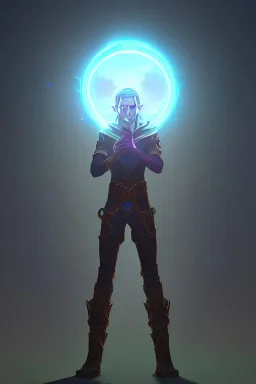 an elf wizard who is holding a glowing orb, in a city at night