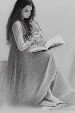 Pencil sketch of Young woman, Arab features,sad, long wavy hair, reading a book, full body، on lined paper