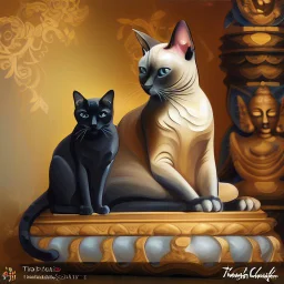 Elegant feline (Siamese cat) laying on Buddha statues lap, observing Thailand, painting impressionism, beautiful, artistic detailed Modifiers: elegant illustration intricate oil on canvas cinematic lighting very attractive beautiful dynamic lighting fantastic view close up hyperrealistic crisp quality hdr cinematic postprocessing Thomas Kinkade Caspar David Friedrich focused Craig Rutkowski