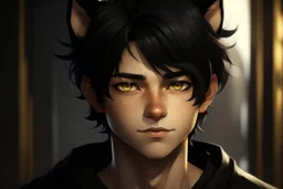 A young male with messy black hair, gold eyes, black cat ears, realistic, slight smile