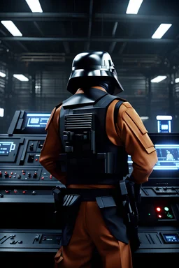 Star Wars Imperial Agent with a dark cap on his head, operating security console with flashing lights, warehouse background. Star Wars, scifi fantasy, ultra-realism, 8k UHD