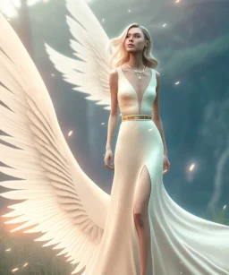 subtle queen, atmospheric, realistic, unreal engine, cinematic lighting, octane render, transparent long dress, blonde, full body, bright wings, smile, long hair