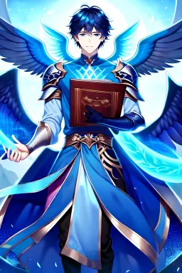 a person in runic armor with blue wings, blue short hair, runic tattoo and spell book, male