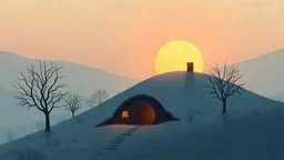 a ultra minimalistic ambient scene of a hobbit under-hill house in a winter sunset , Lord of the rings :: minimal art, 2d game art, storybook illustration, vector graphics