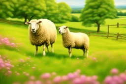 bucolic English countryside, peaceful sheep grazing in bright green grass, tiny colorful wildflowers Modifiers: extremely detailed bright studio setting 8k rose tones oil on canvas very attractive beautiful