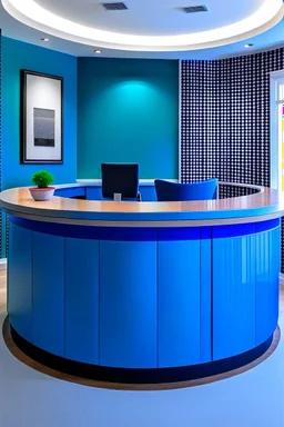 A circular blue reception desk with three chairs