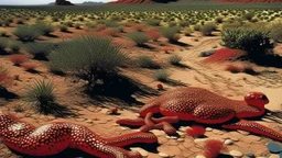 A dark red desert with reptiles designed in Ica stones painted by Andy Warhol